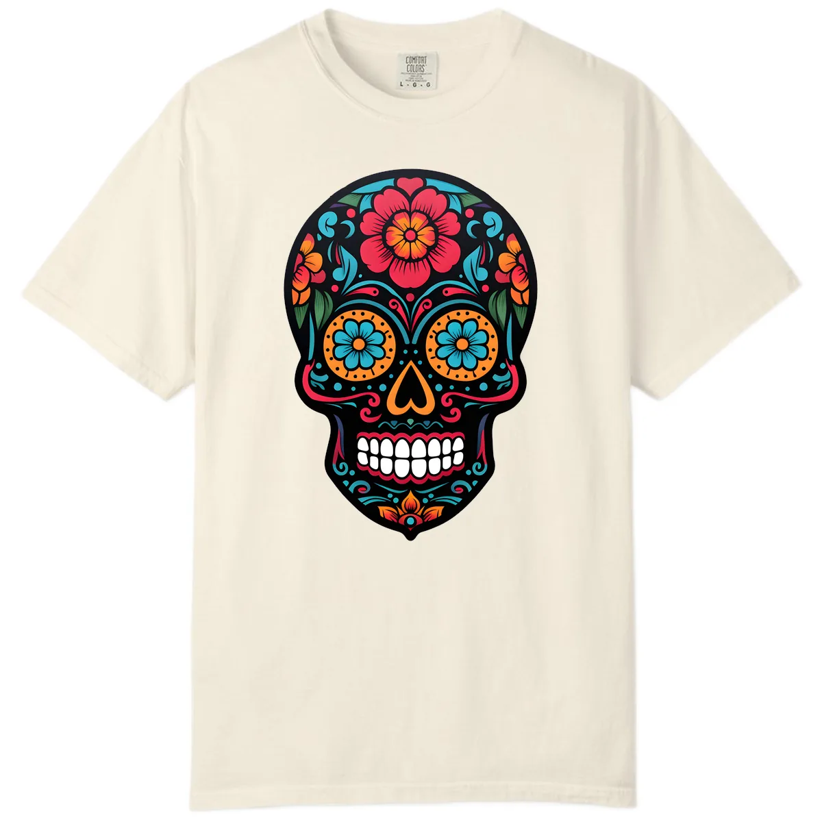 Vibrant Floral Calavera Skull Design Comfort Color in Ivory
