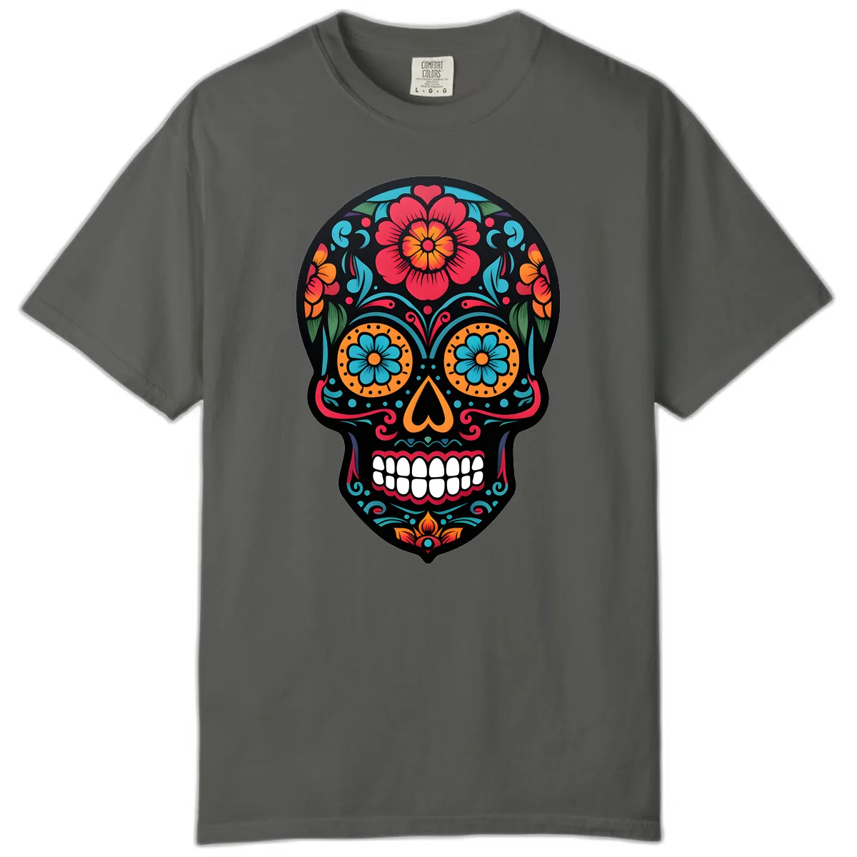 Vibrant Floral Calavera Skull Design Comfort Color in Pepper