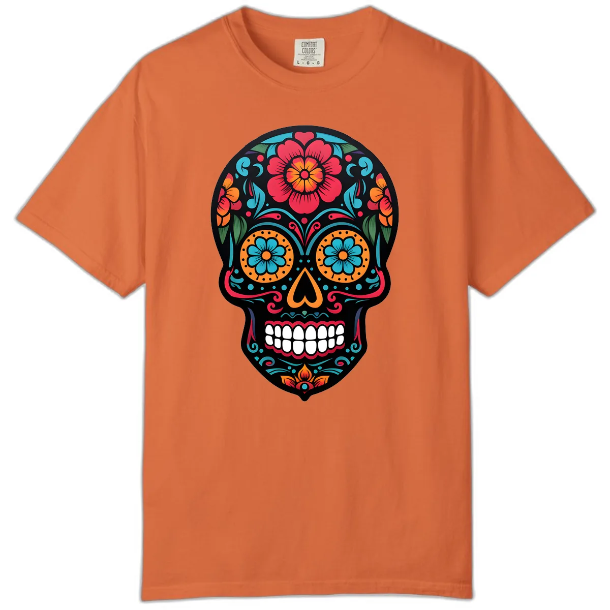 Vibrant Floral Calavera Skull Design Comfort Color in Burnt Orange