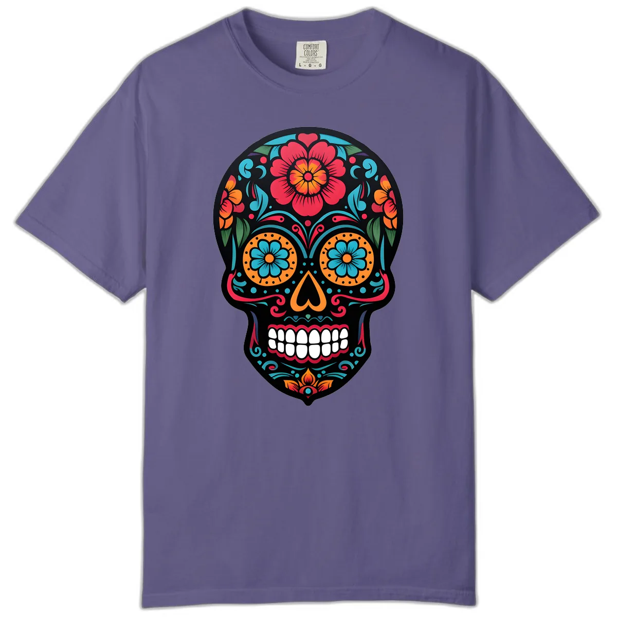 Vibrant Floral Calavera Skull Design Comfort Color in Grape