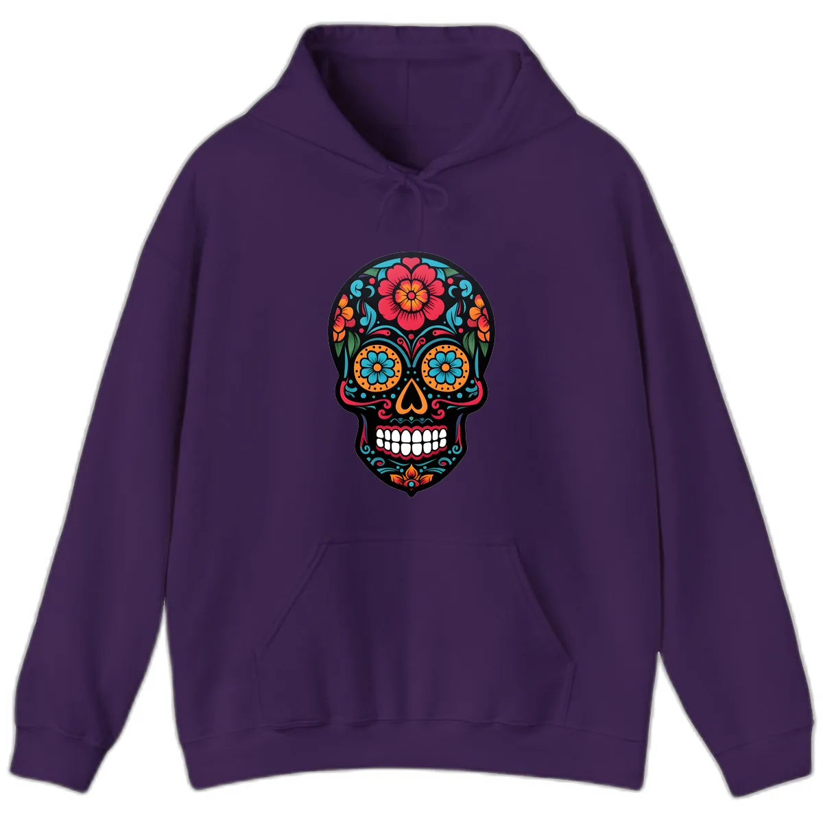 Vibrant Floral Calavera Skull Design Hoodie in Purple