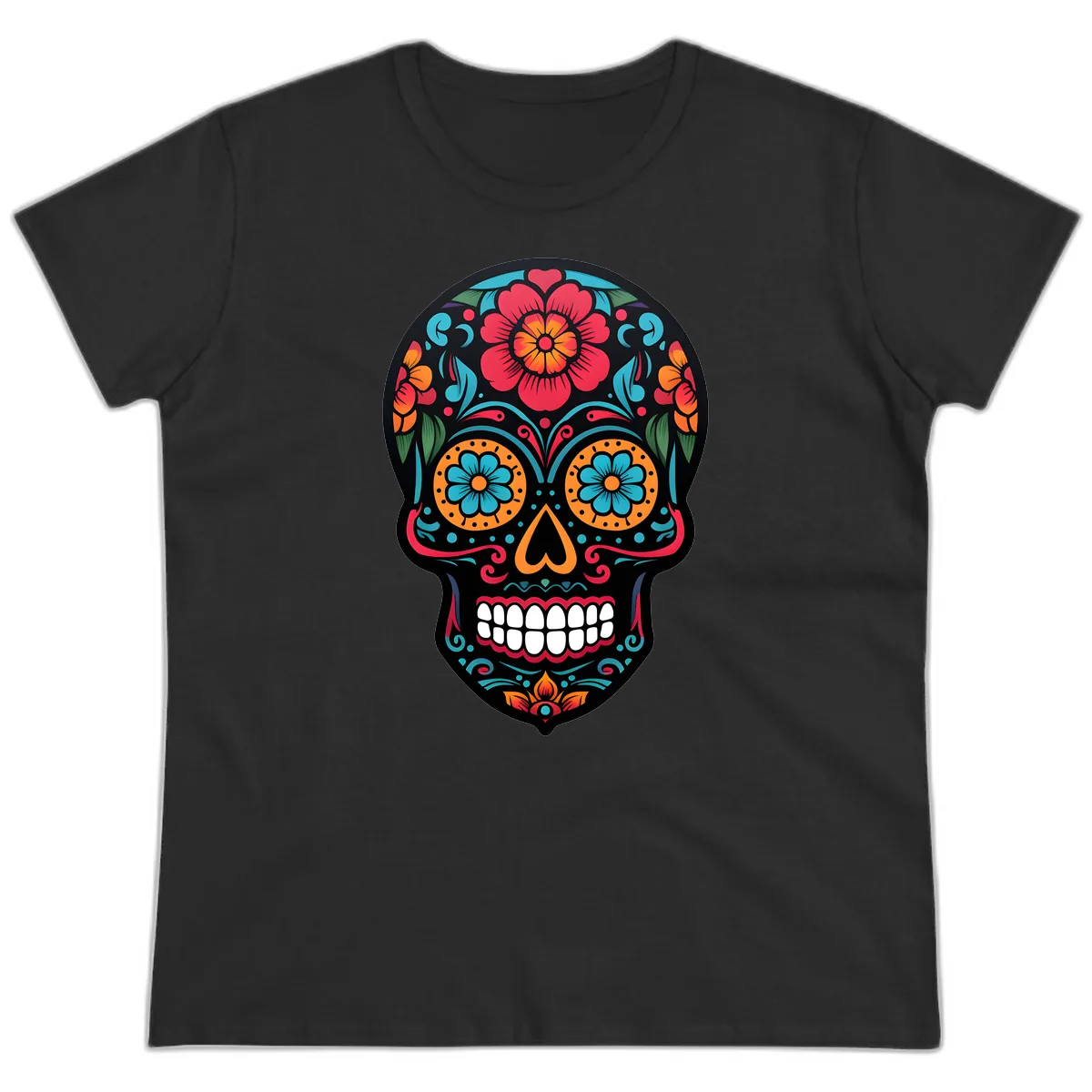 Vibrant Floral Calavera Skull Design Ladies Tee in Black