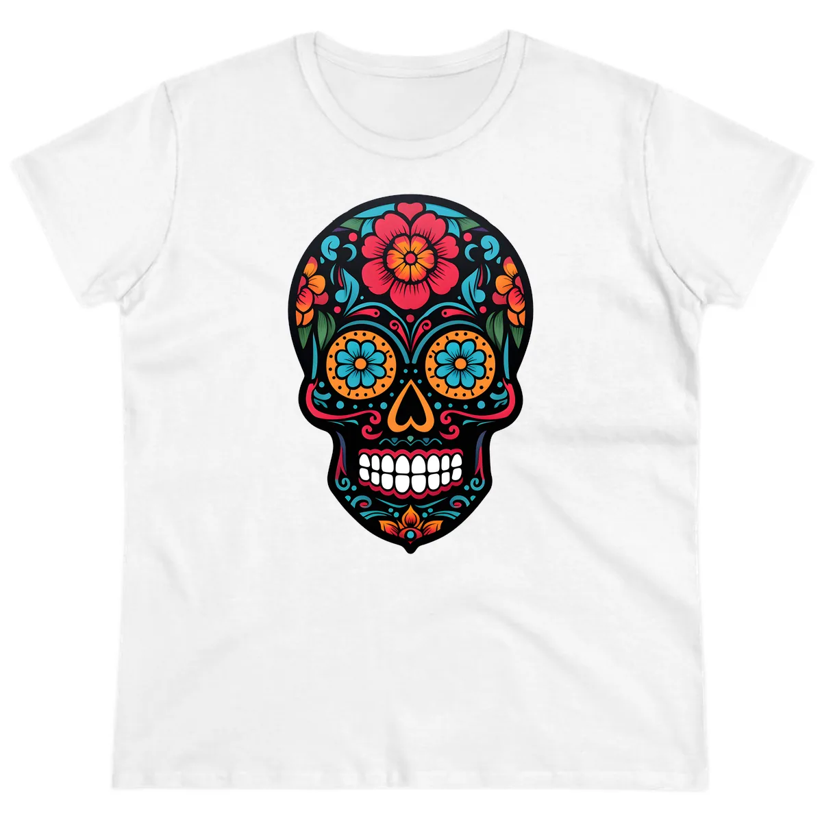 Vibrant Floral Calavera Skull Design Ladies Tee in White