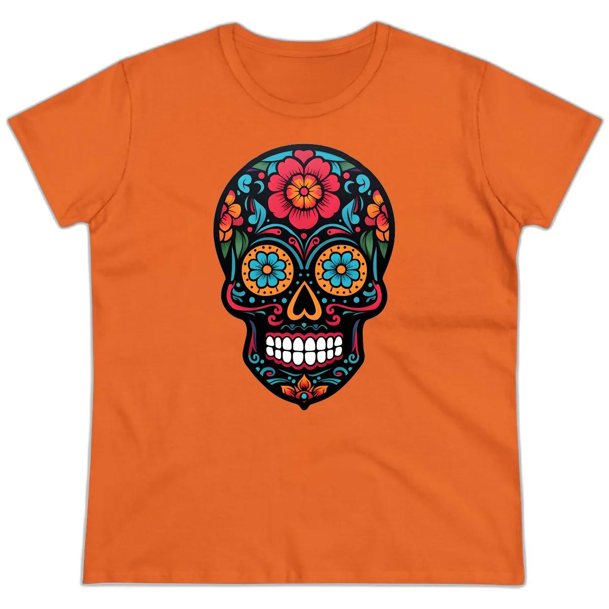 Vibrant Floral Calavera Skull Design Ladies Tee in Orange
