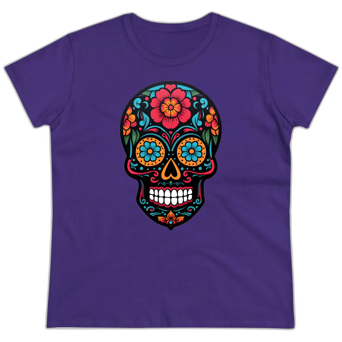 Vibrant Floral Calavera Skull Design Ladies Tee in Purple