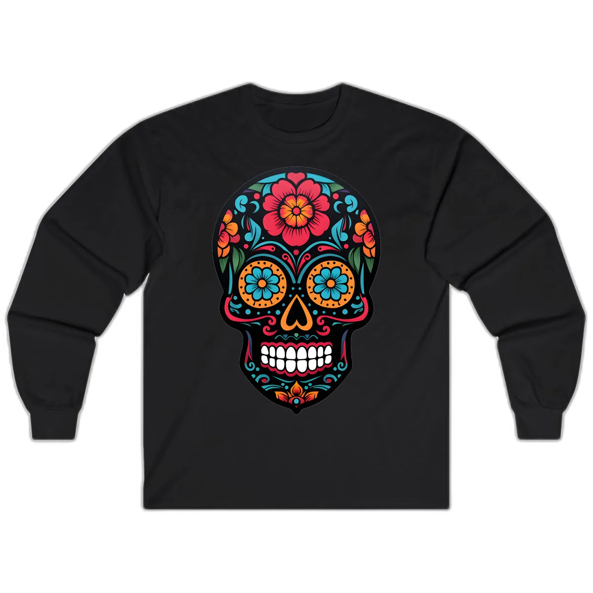 Vibrant Floral Calavera Skull Design Long Sleeve in Black
