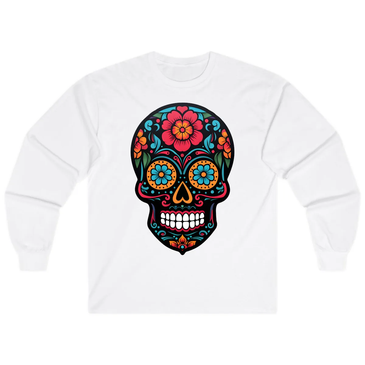Vibrant Floral Calavera Skull Design Long Sleeve in White