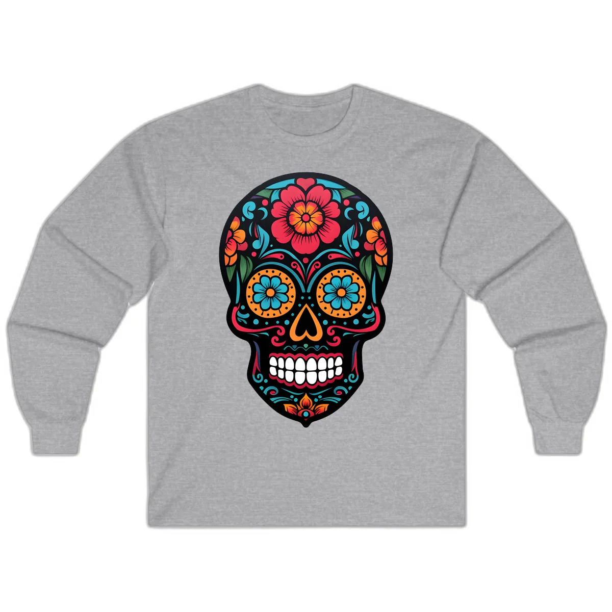Vibrant Floral Calavera Skull Design Long Sleeve in Sport Grey