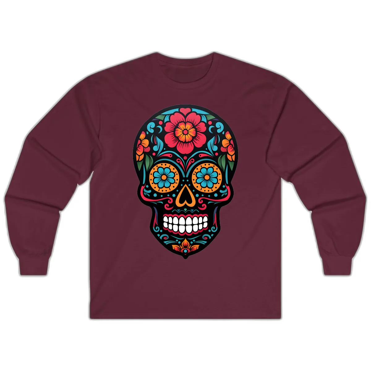 Vibrant Floral Calavera Skull Design Long Sleeve in Maroon