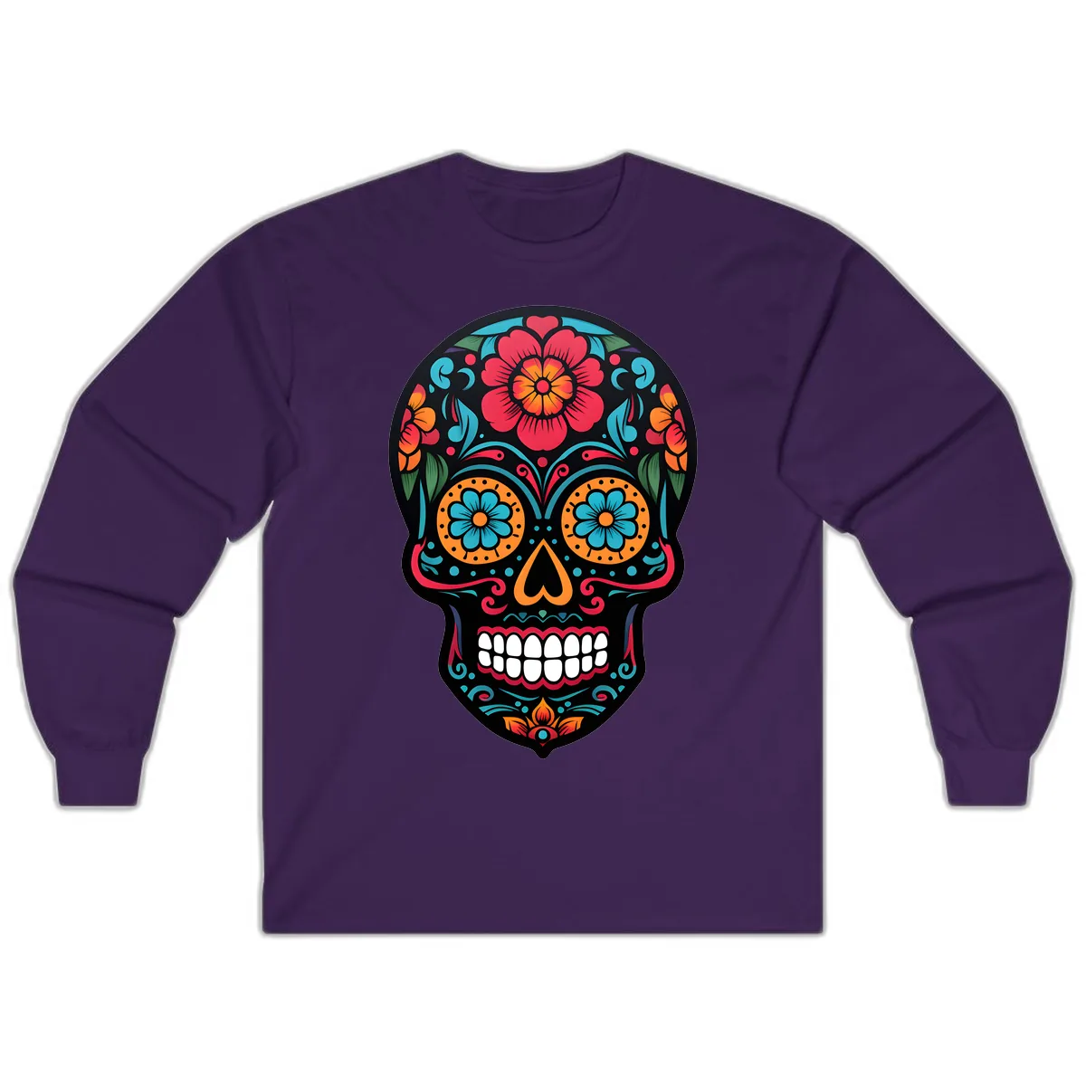 Vibrant Floral Calavera Skull Design Long Sleeve in Purple