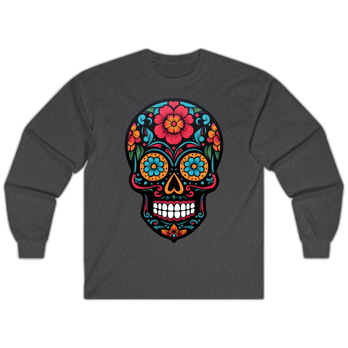 Vibrant Floral Calavera Skull Design Long Sleeve in Dark Heather