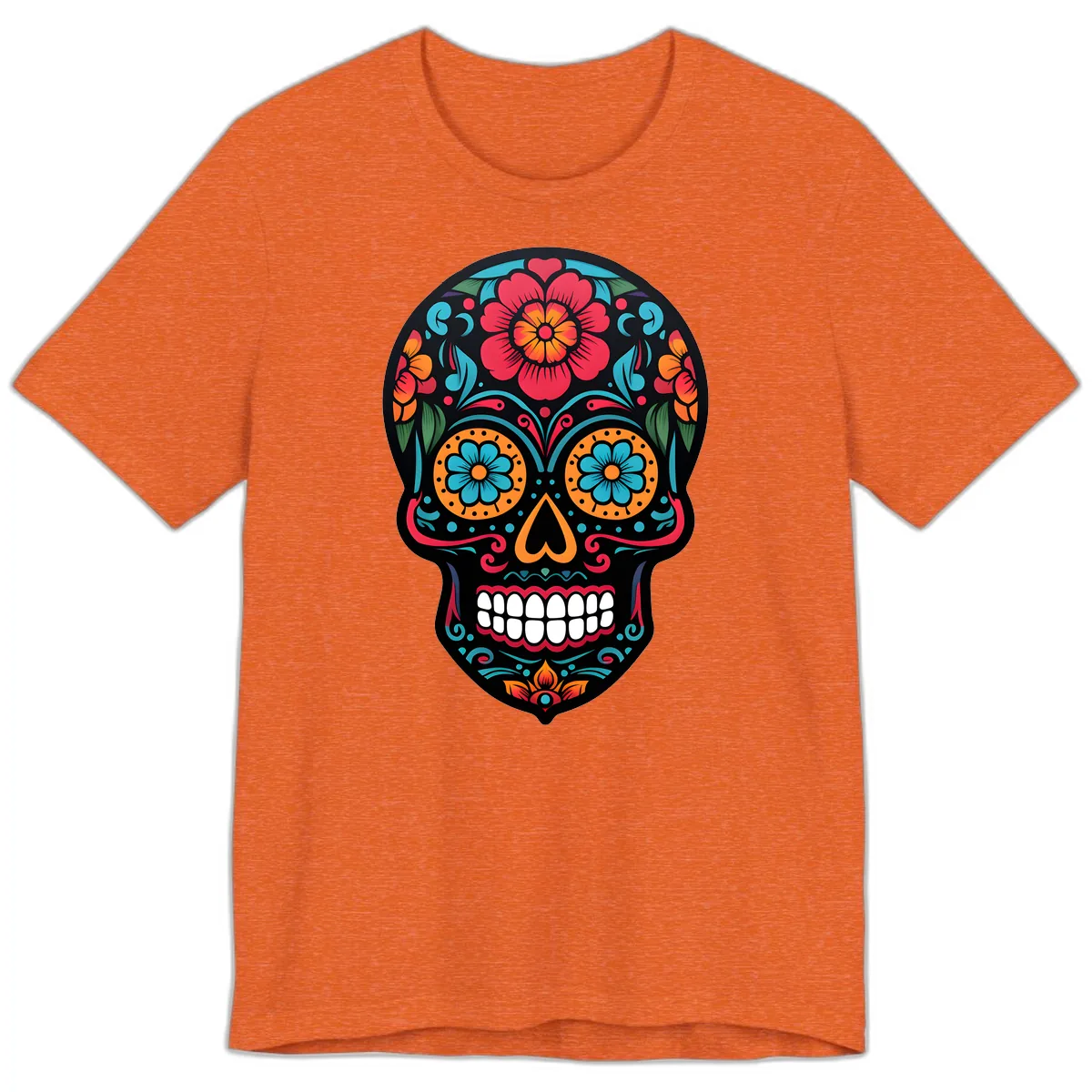 Vibrant Floral Calavera Skull Design Premium T-Shirt in Heather Orange