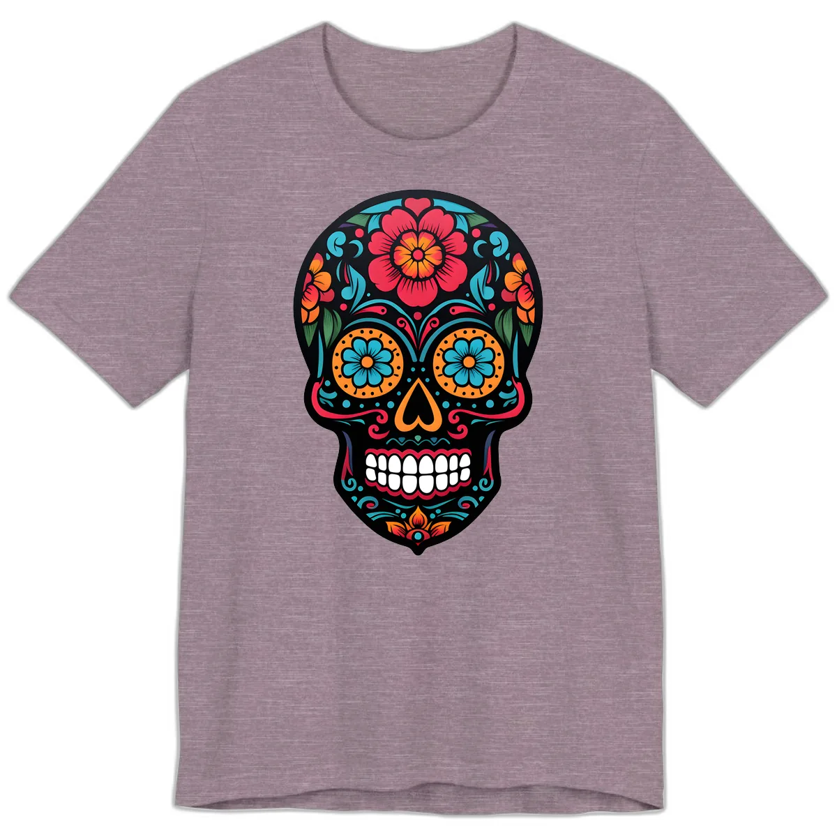 Vibrant Floral Calavera Skull Design Premium T-Shirt in Heather Purple