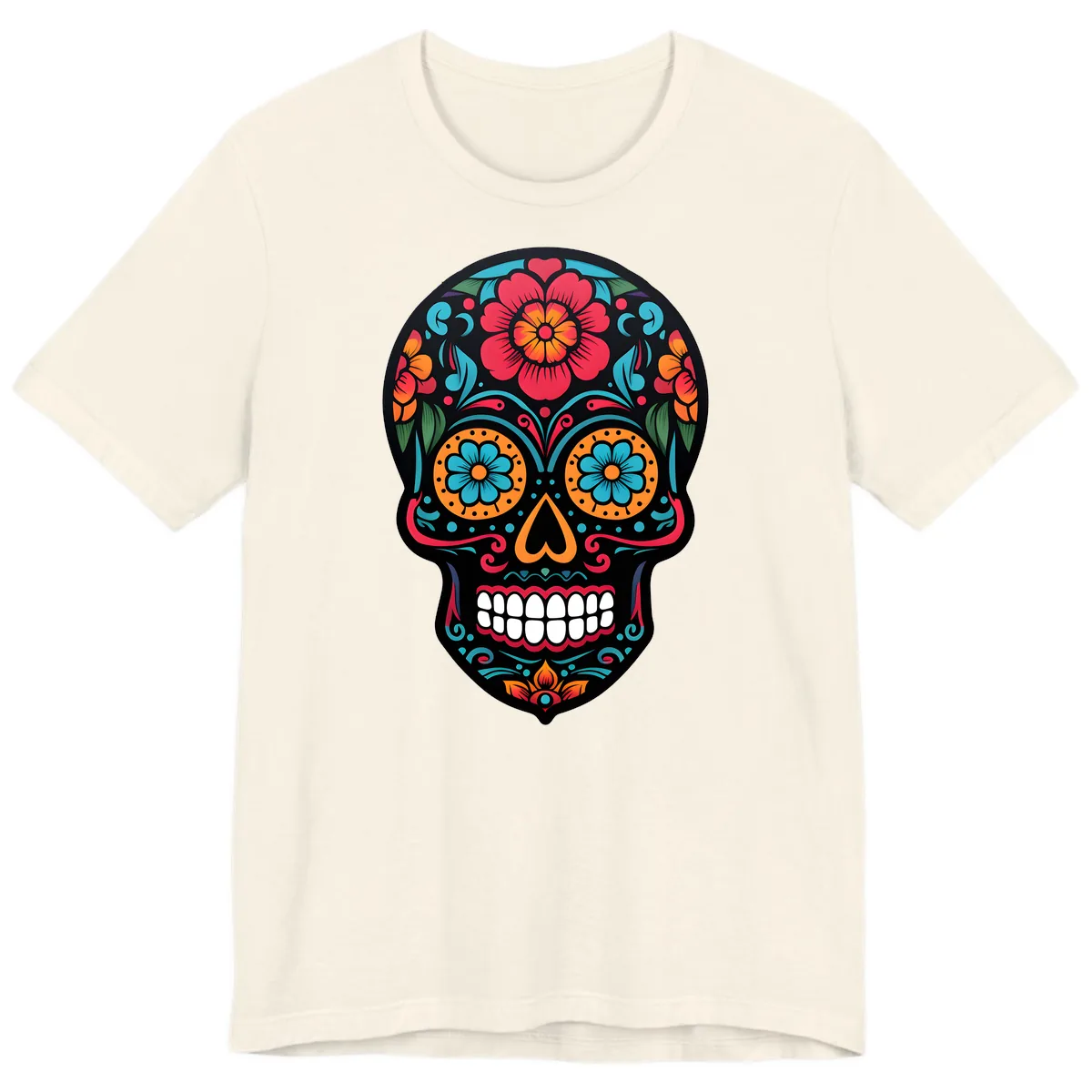 Vibrant Floral Calavera Skull Design Premium T-Shirt in Natural