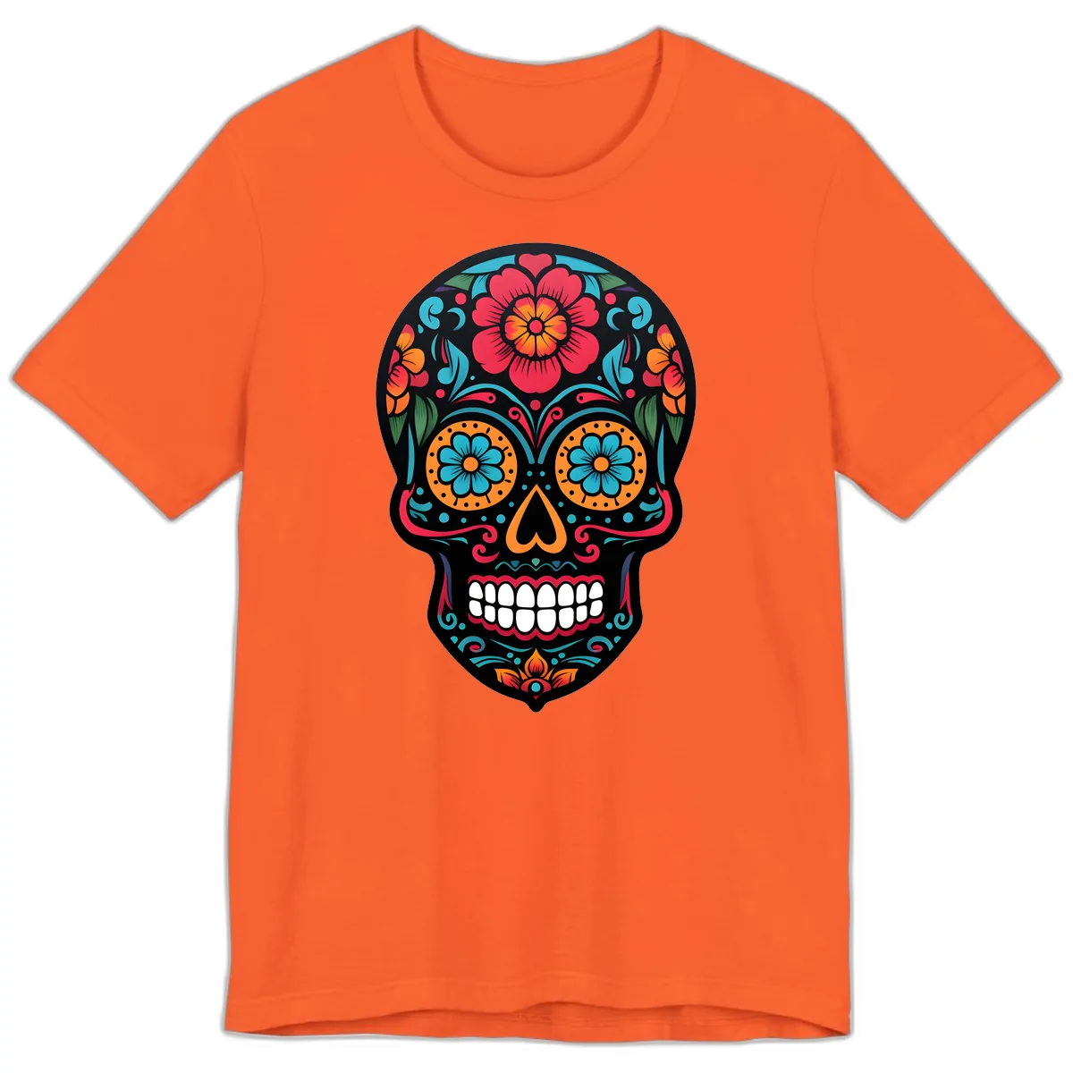 Vibrant Floral Calavera Skull Design Premium T-Shirt in Orange
