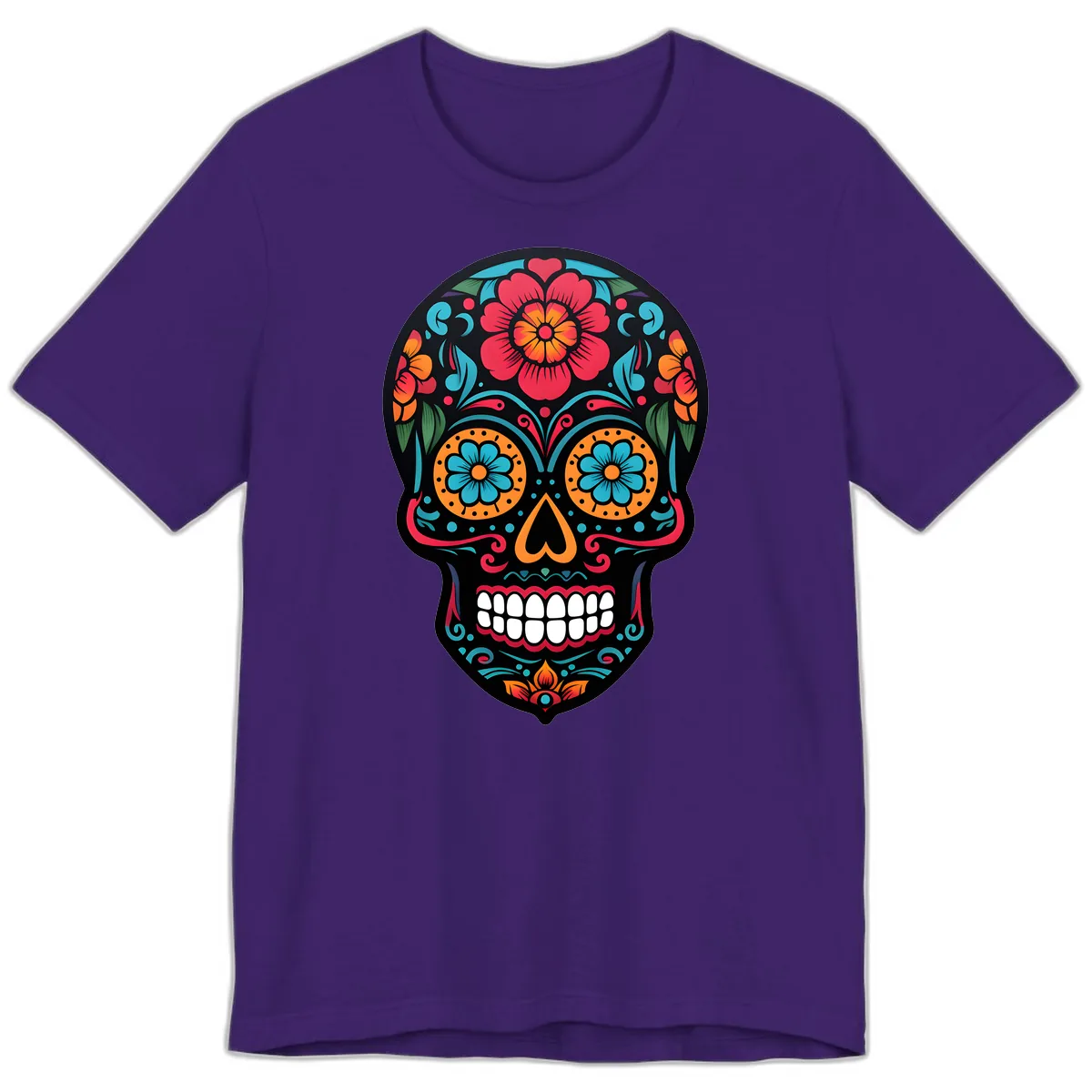 Vibrant Floral Calavera Skull Design Premium T-Shirt in Team Purple