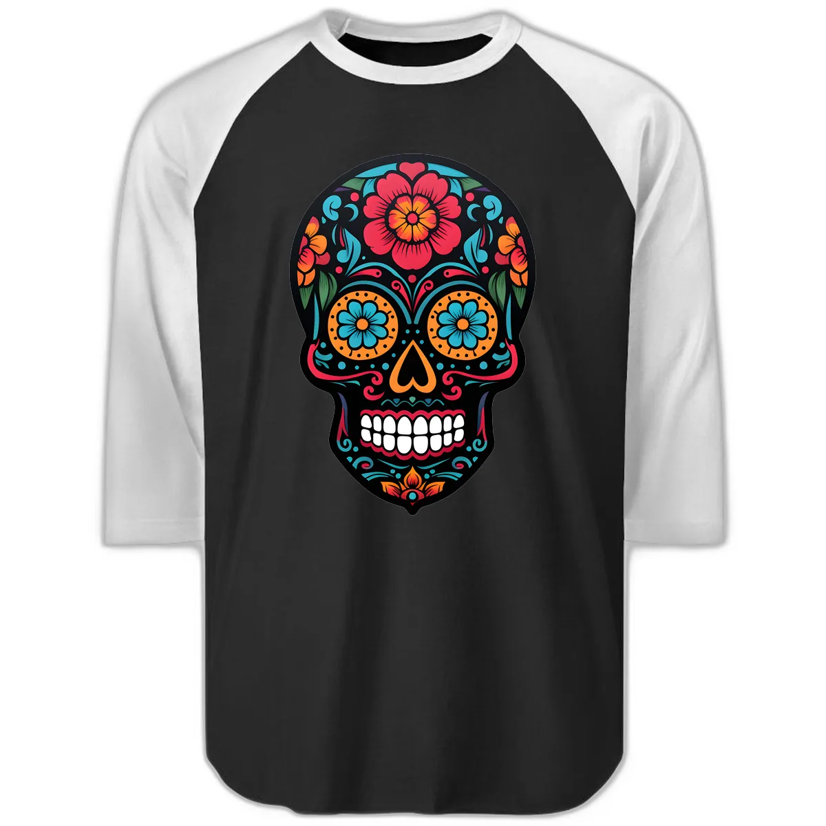 Vibrant Floral Calavera Skull Design Raglan 3/4 in Black White