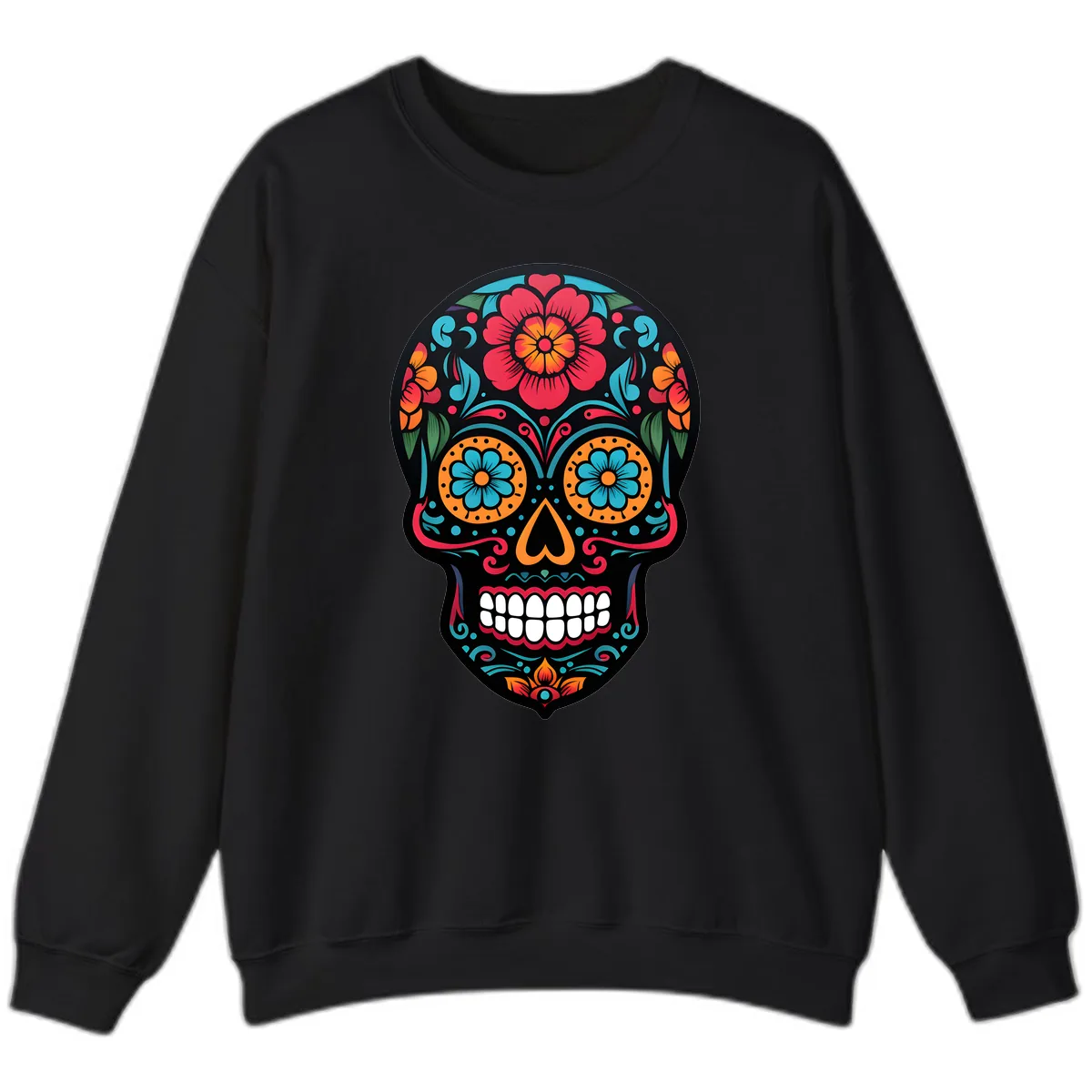 Vibrant Floral Calavera Skull Design Sweatshirt in Black