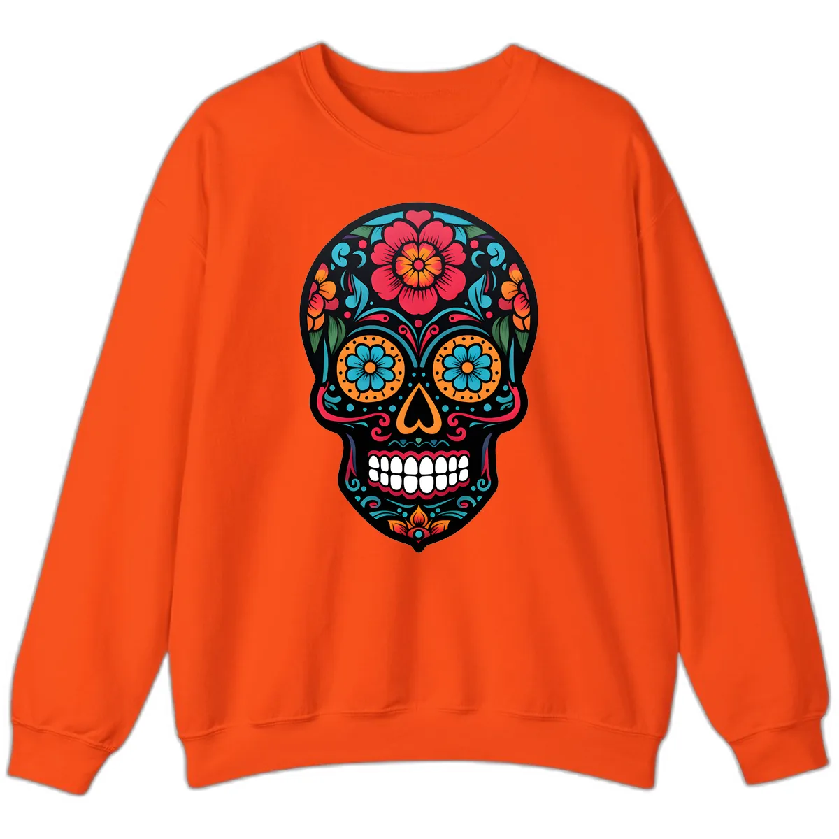 Vibrant Floral Calavera Skull Design Sweatshirt in Orange