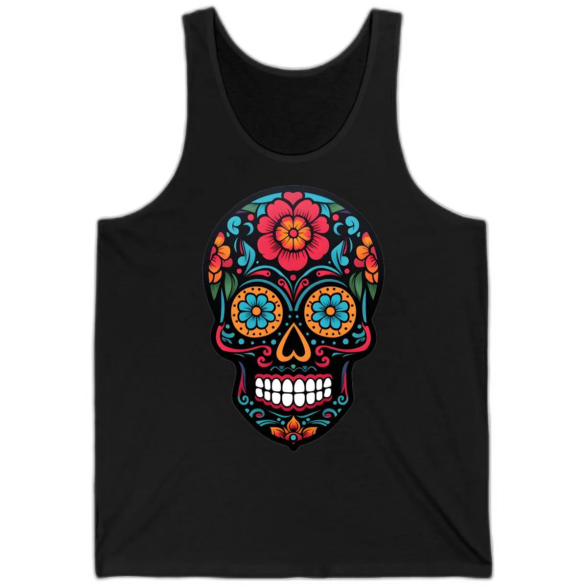 Vibrant Floral Calavera Skull Design Tank in Black