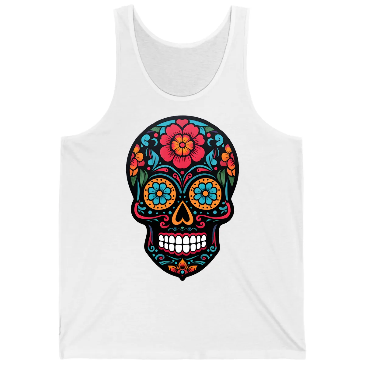 Vibrant Floral Calavera Skull Design Tank in White
