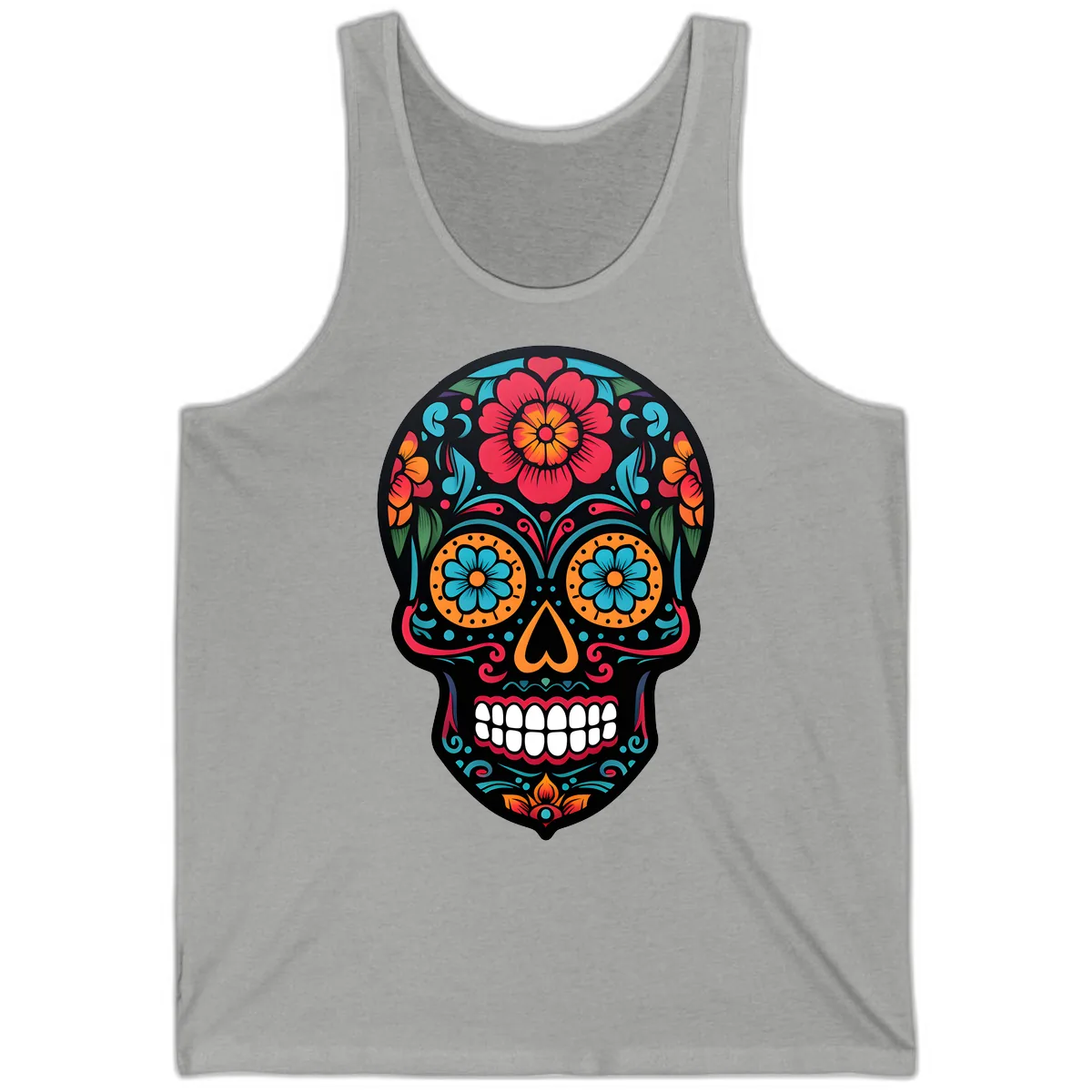 Vibrant Floral Calavera Skull Design Tank in Athletic Heather