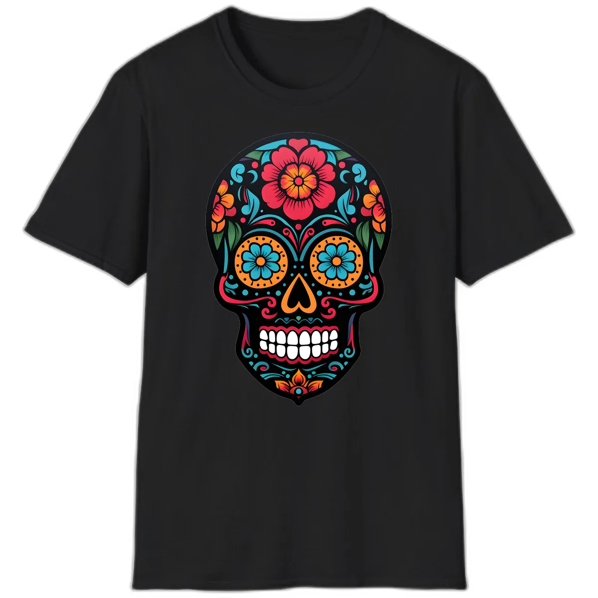 Vibrant Floral Calavera Skull Design T-Shirt in Black