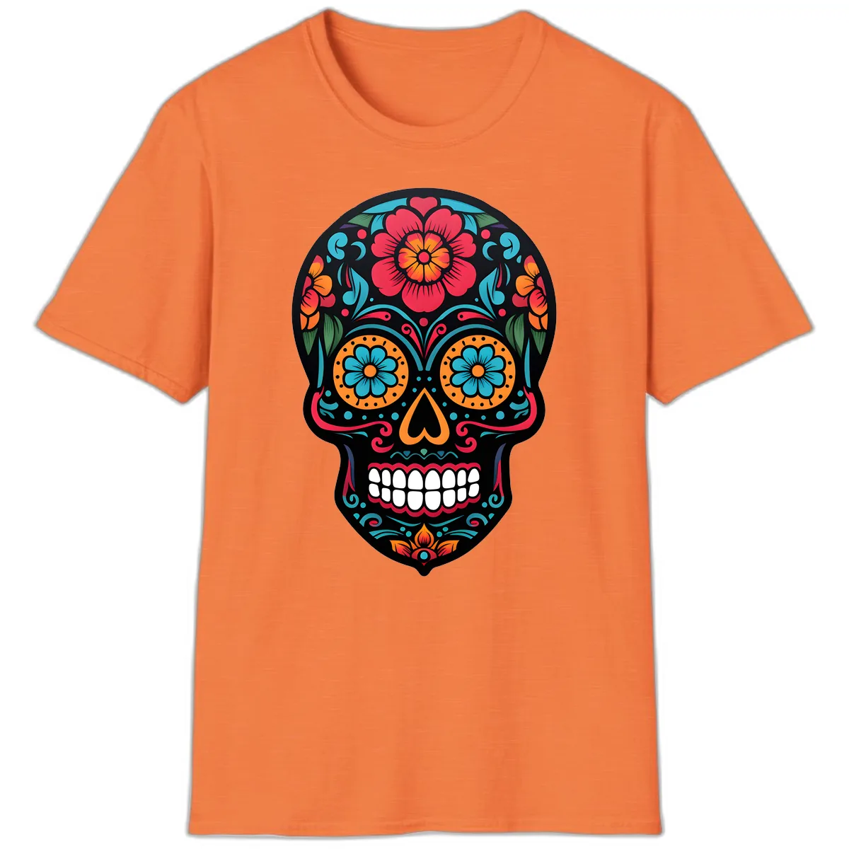 Vibrant Floral Calavera Skull Design T-Shirt in Heather Orange