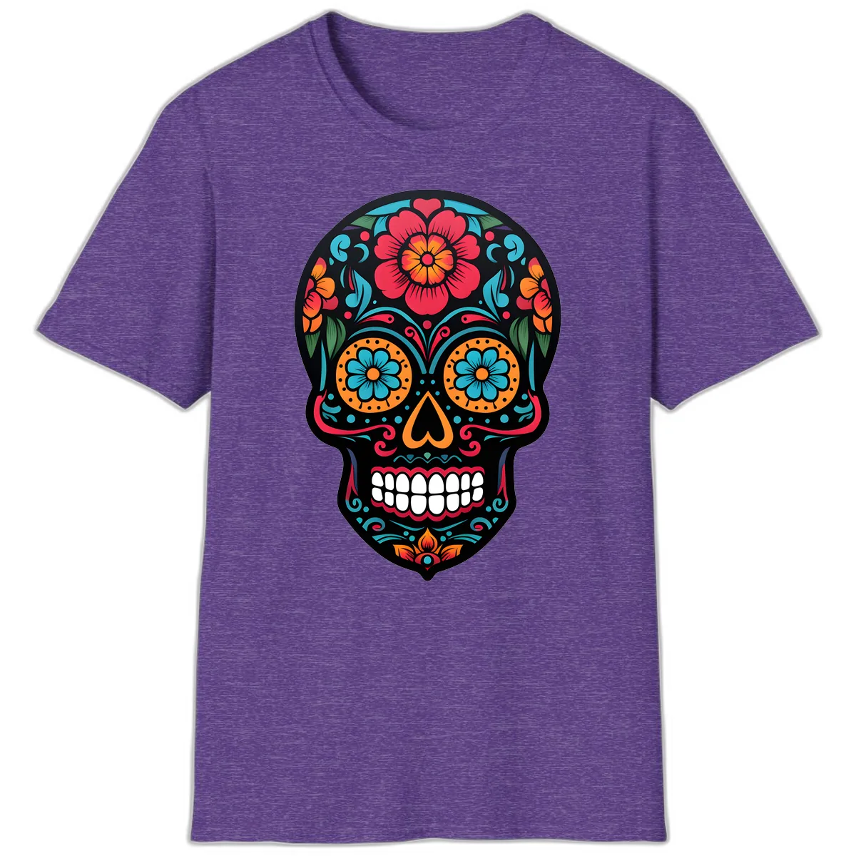 Vibrant Floral Calavera Skull Design T-Shirt in Heather Purple