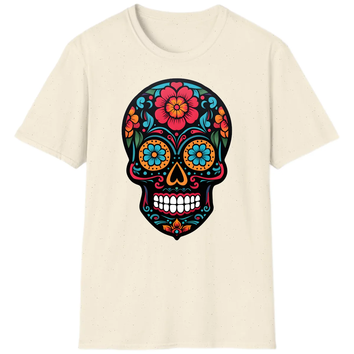 Vibrant Floral Calavera Skull Design T-Shirt in Natural
