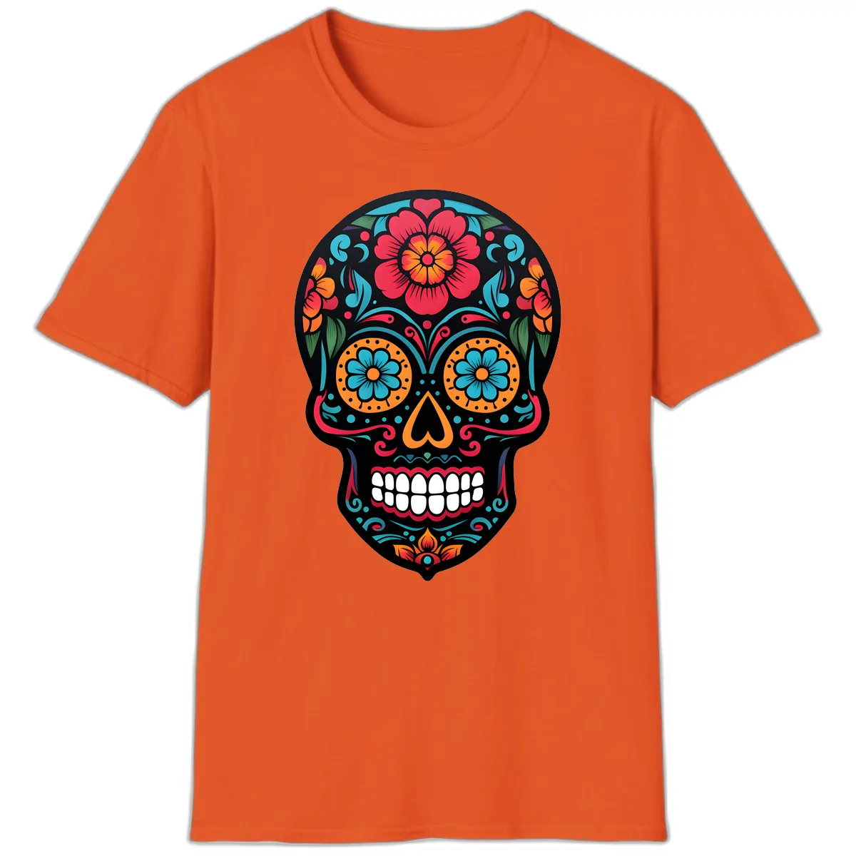 Vibrant Floral Calavera Skull Design T-Shirt in Orange