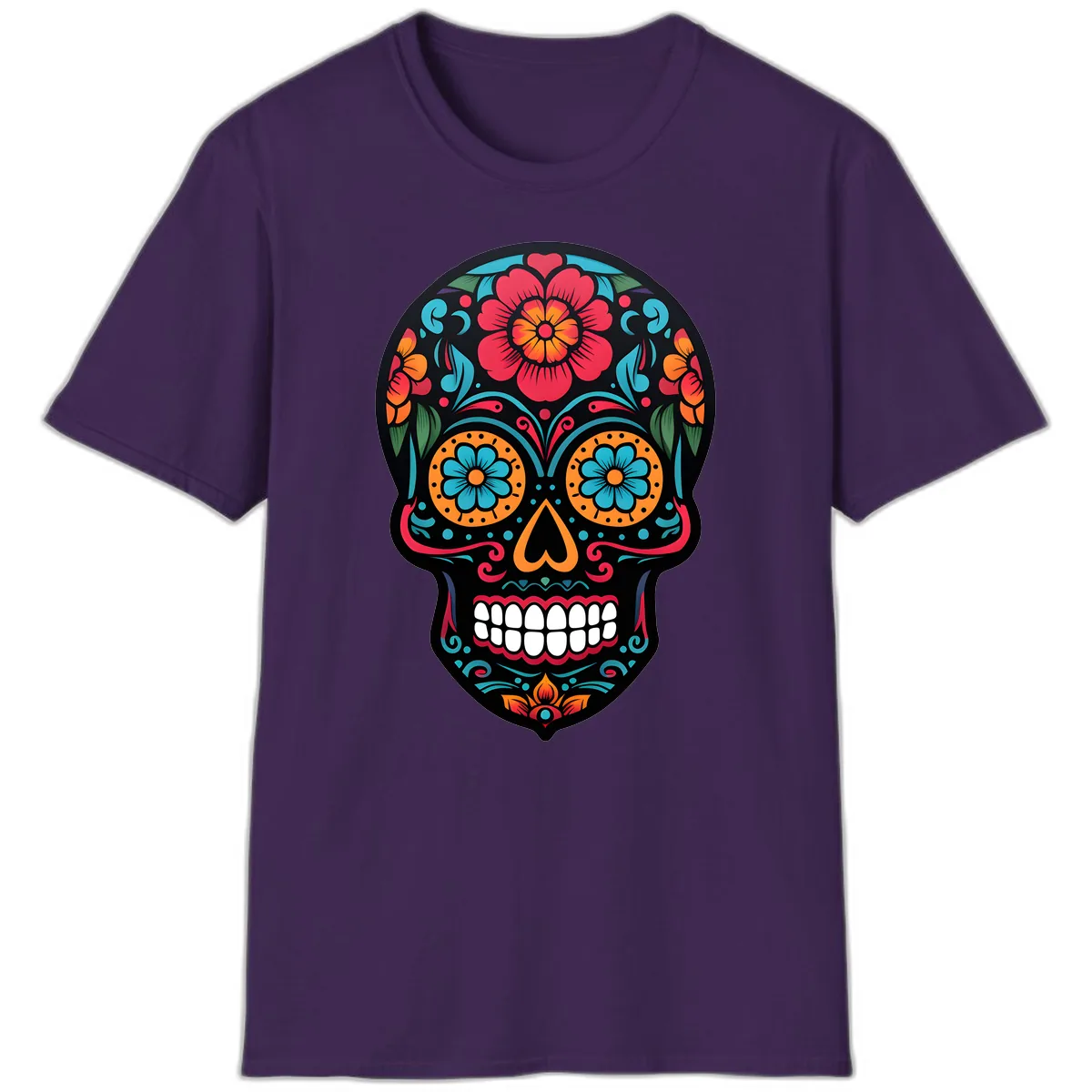 Vibrant Floral Calavera Skull Design T-Shirt in Purple