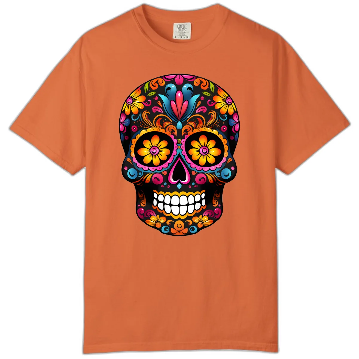 Vibrant Floral Calavera Sugar Skull Comfort Color in Burnt Orange
