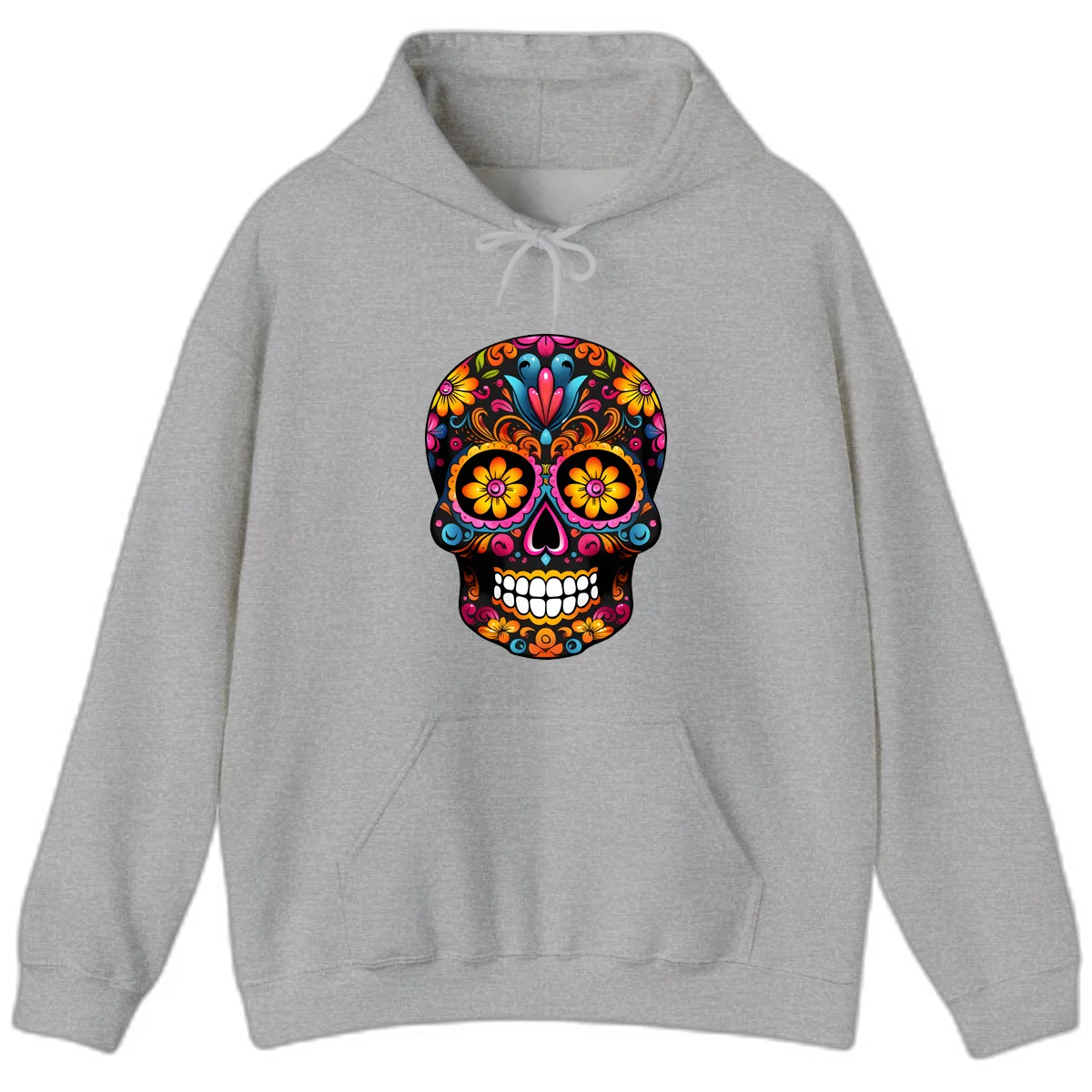 Vibrant Floral Calavera Sugar Skull Hoodie in Sport Grey