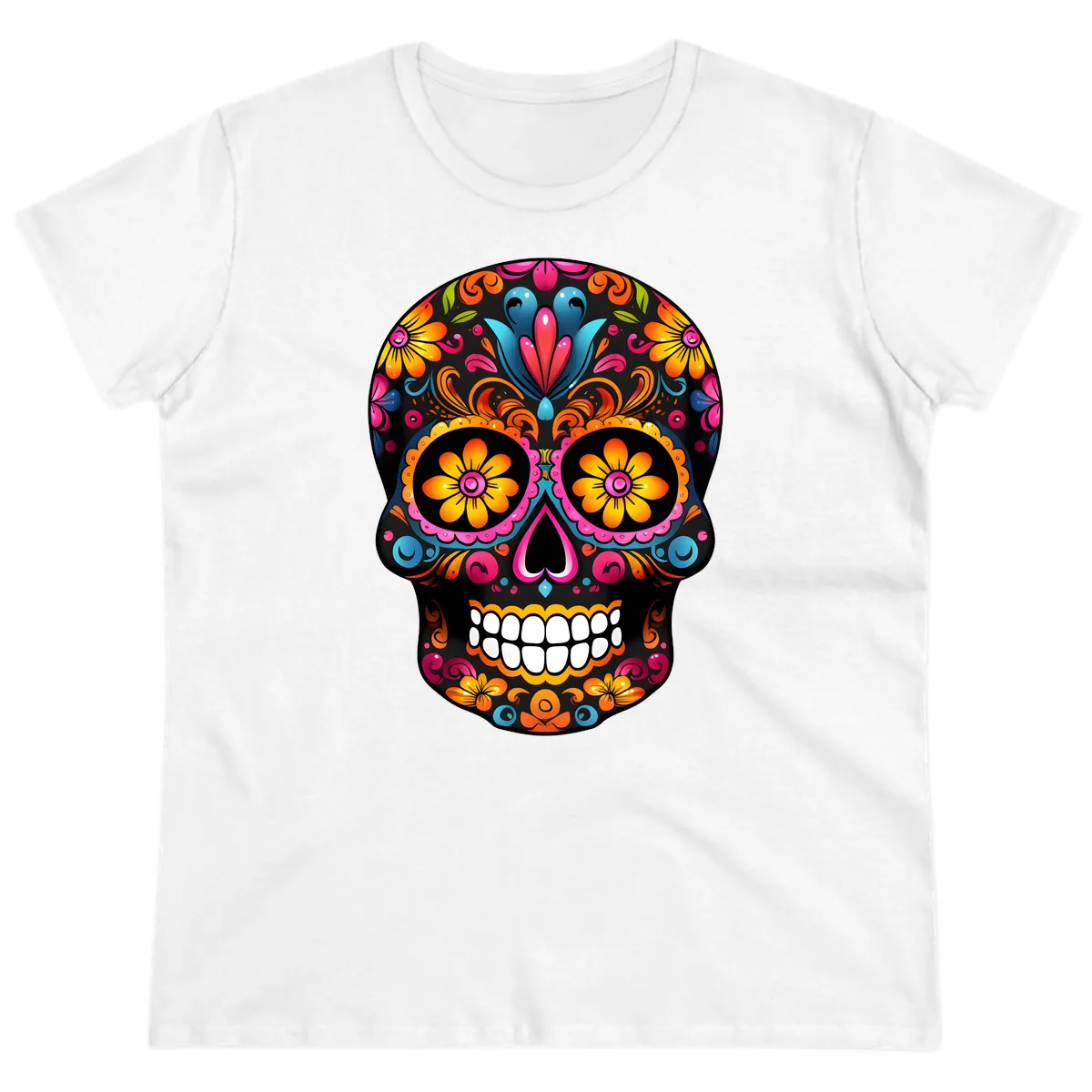 Vibrant Floral Calavera Sugar Skull Ladies Tee in White