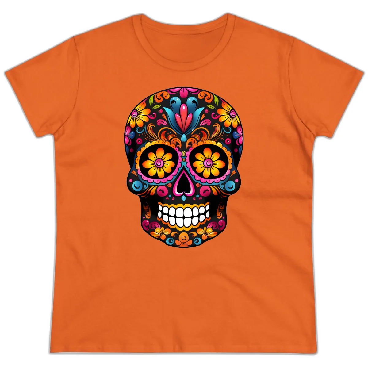 Vibrant Floral Calavera Sugar Skull Ladies Tee in Orange
