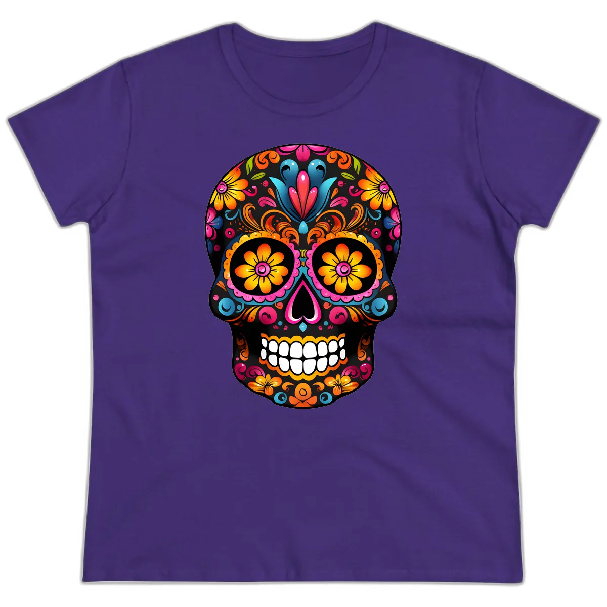 Vibrant Floral Calavera Sugar Skull Ladies Tee in Purple