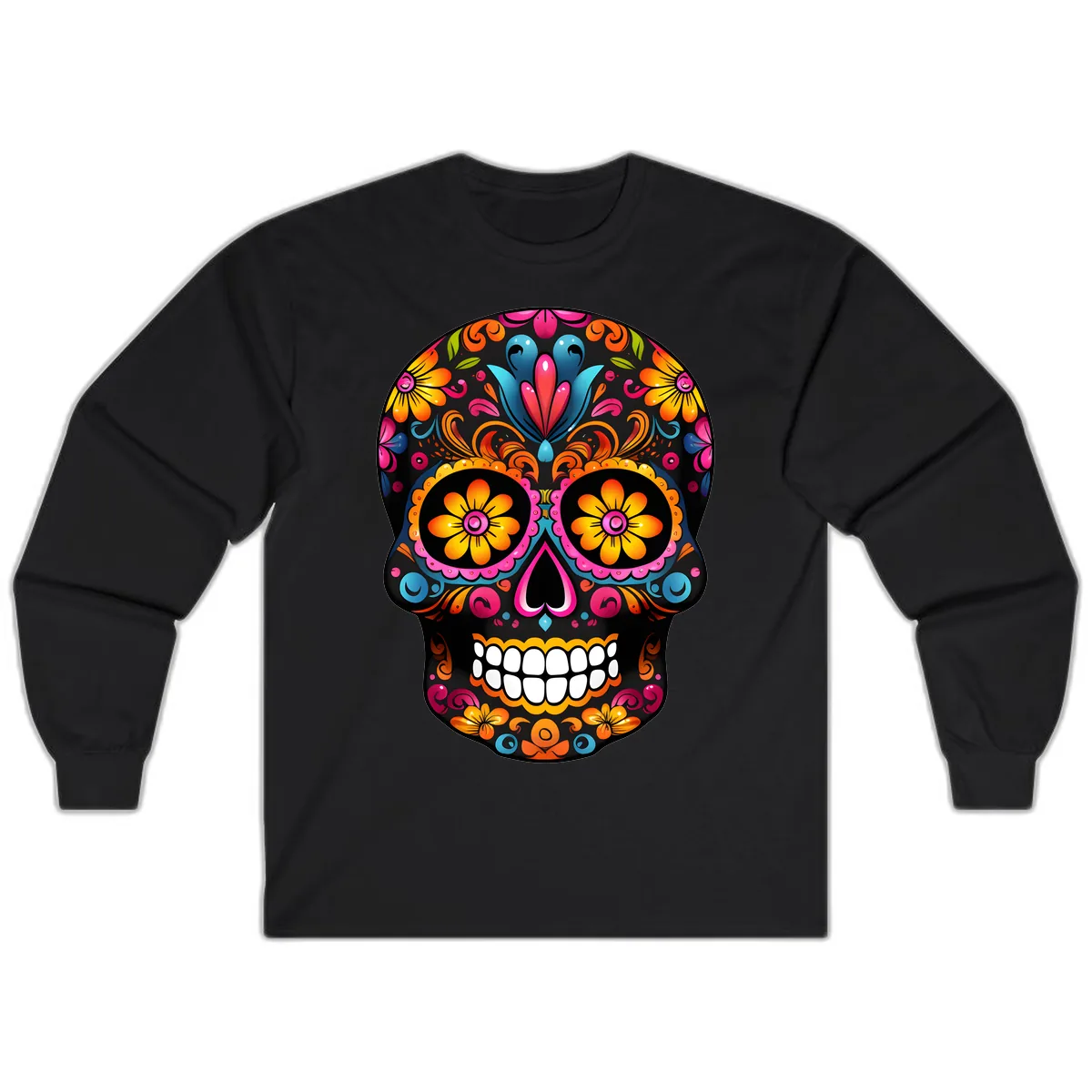 Vibrant Floral Calavera Sugar Skull Long Sleeve in Black