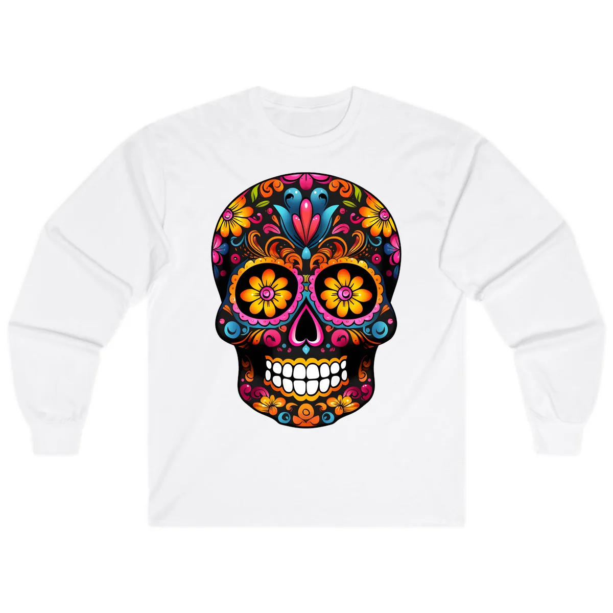 Vibrant Floral Calavera Sugar Skull Long Sleeve in White