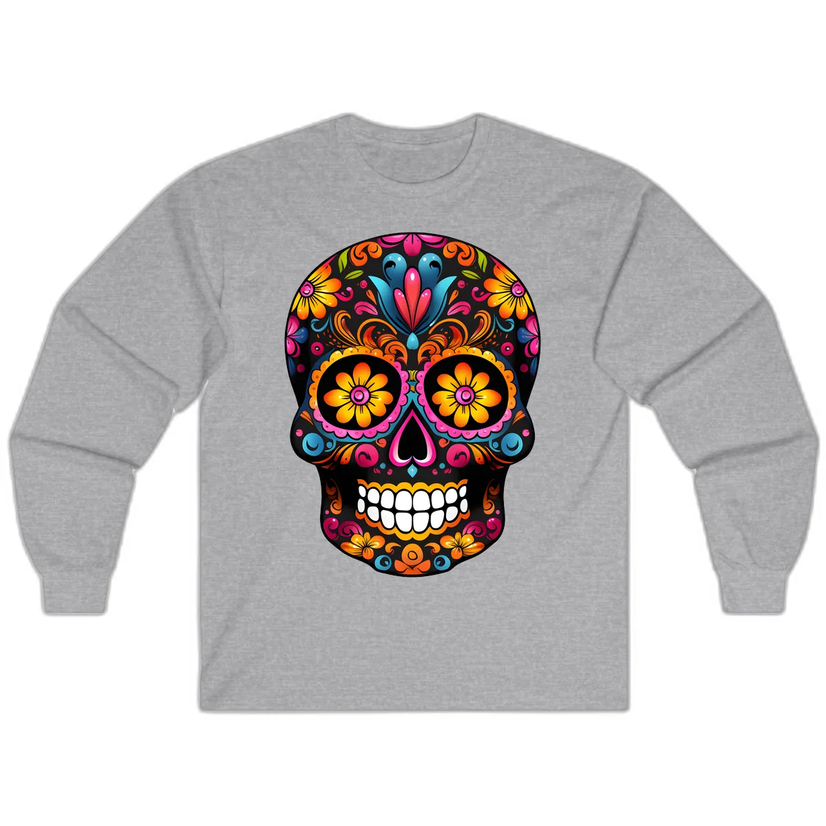 Vibrant Floral Calavera Sugar Skull Long Sleeve in Sport Grey