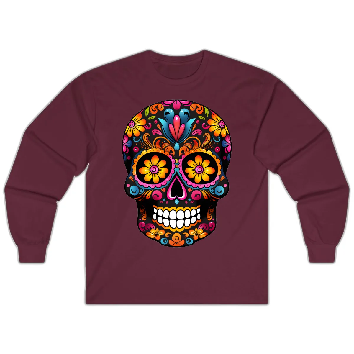 Vibrant Floral Calavera Sugar Skull Long Sleeve in Maroon