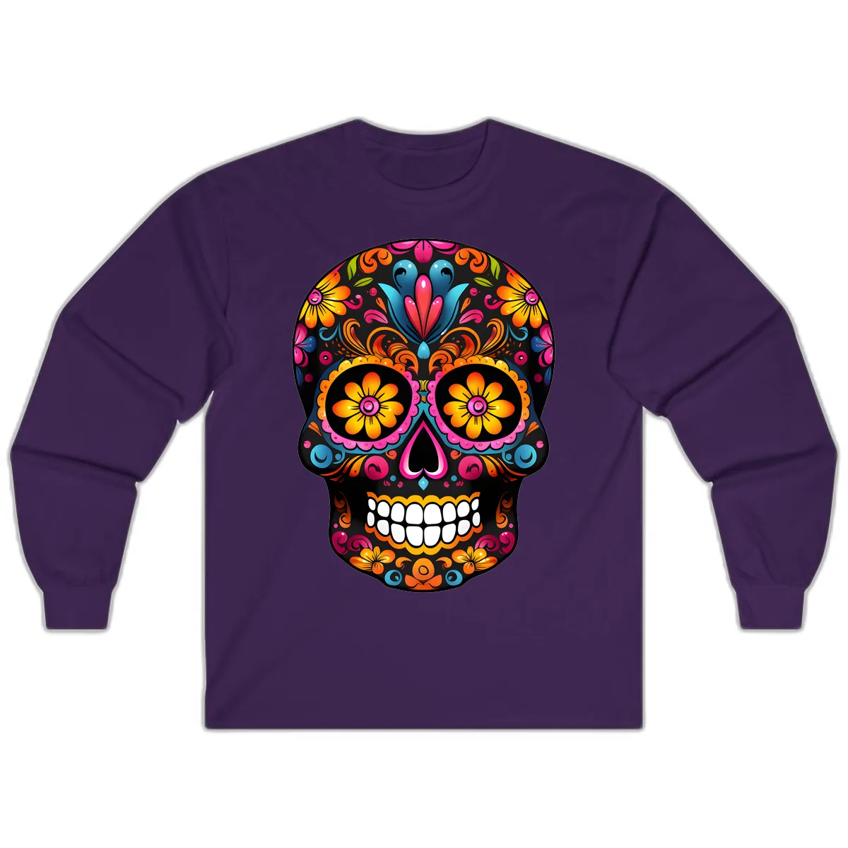 Vibrant Floral Calavera Sugar Skull Long Sleeve in Purple