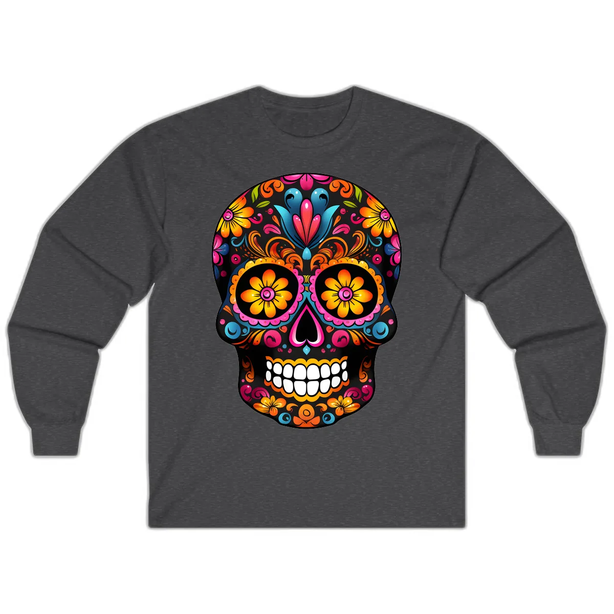 Vibrant Floral Calavera Sugar Skull Long Sleeve in Dark Heather