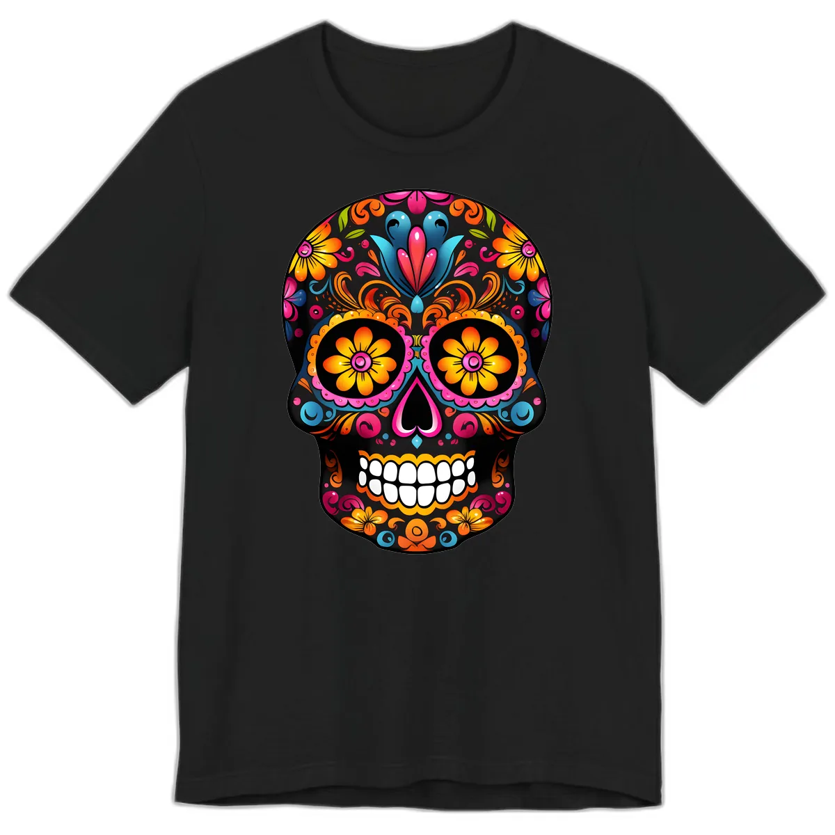 Vibrant Floral Calavera Sugar Skull Premium T-Shirt in Black