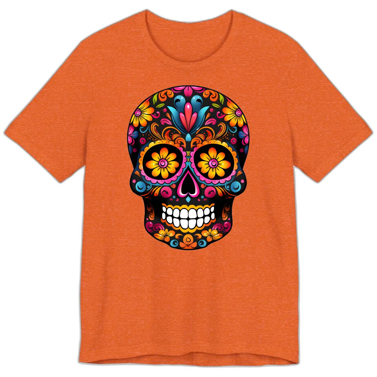 Vibrant Floral Calavera Sugar Skull Premium T-Shirt in Heather Orange