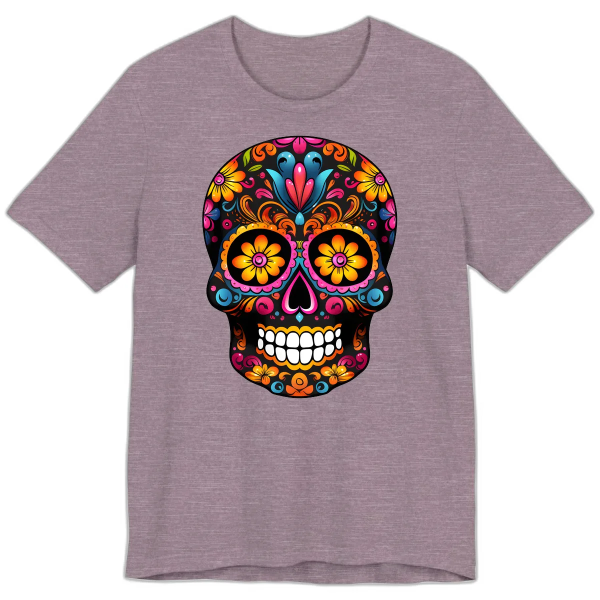 Vibrant Floral Calavera Sugar Skull Premium T-Shirt in Heather Purple
