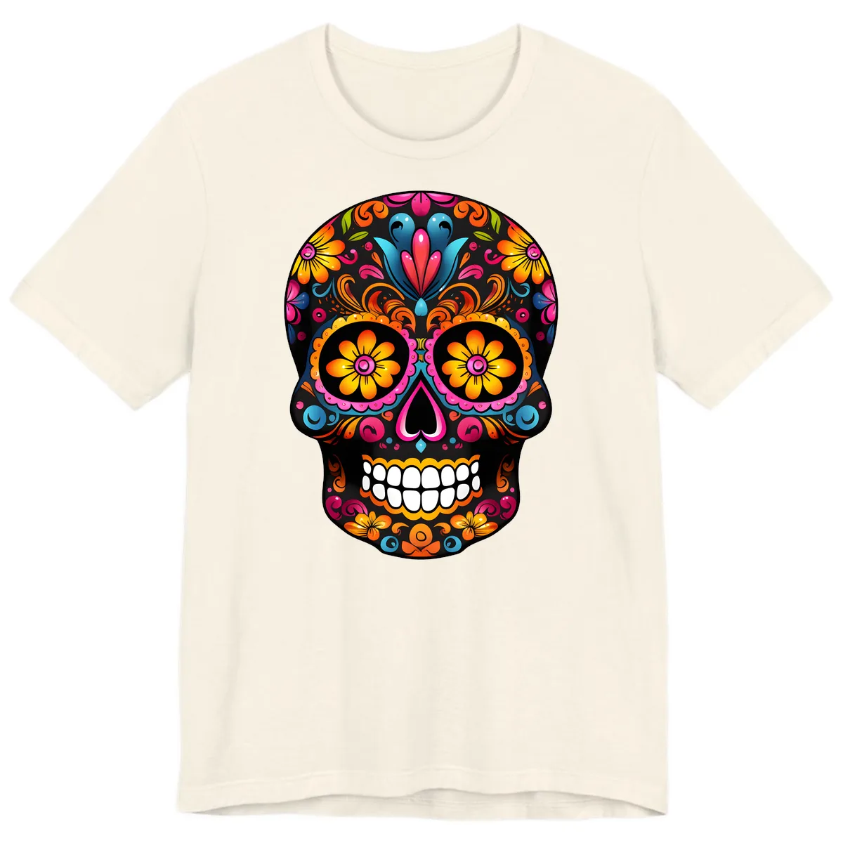 Vibrant Floral Calavera Sugar Skull Premium T-Shirt in Natural