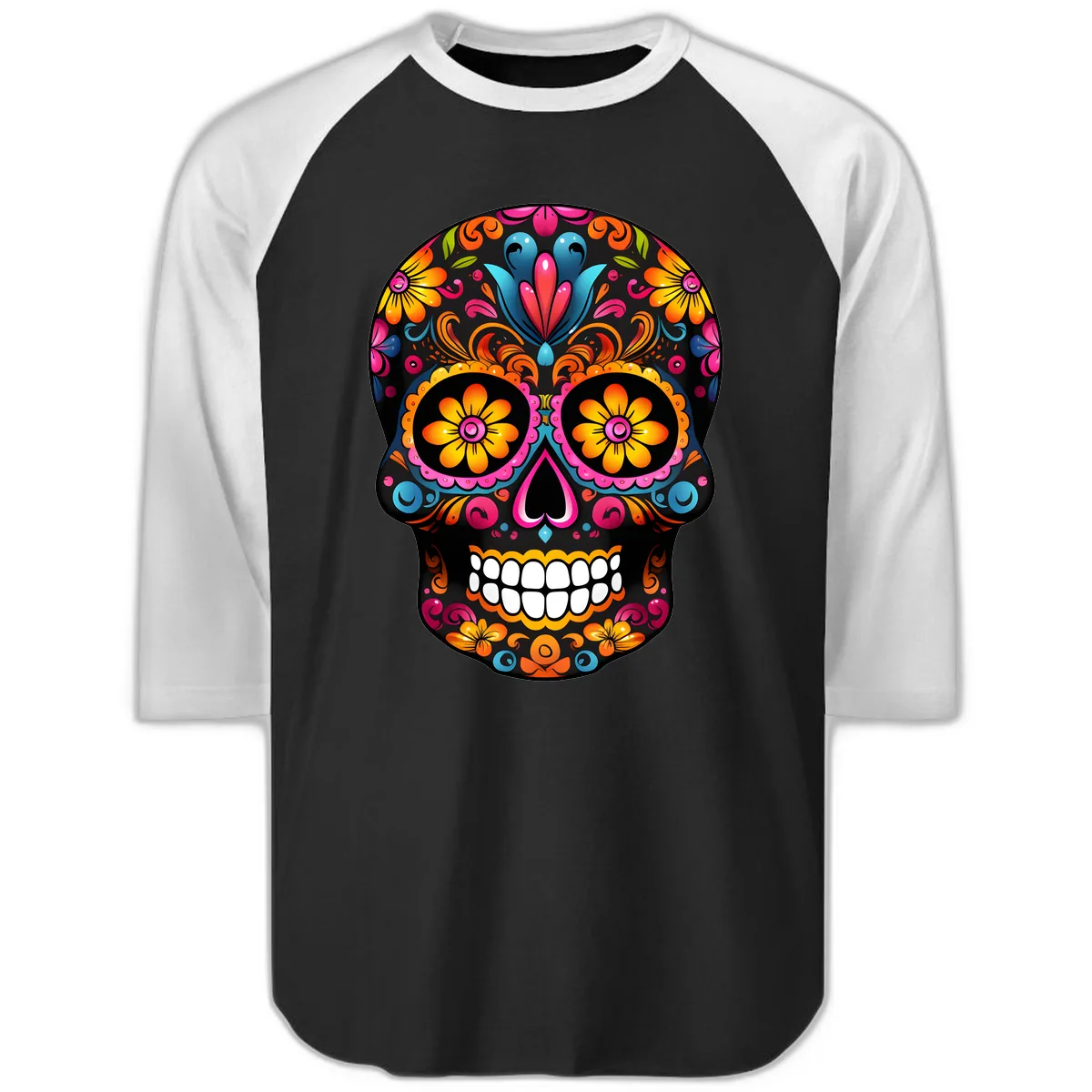 Vibrant Floral Calavera Sugar Skull Raglan 3/4 in Black White
