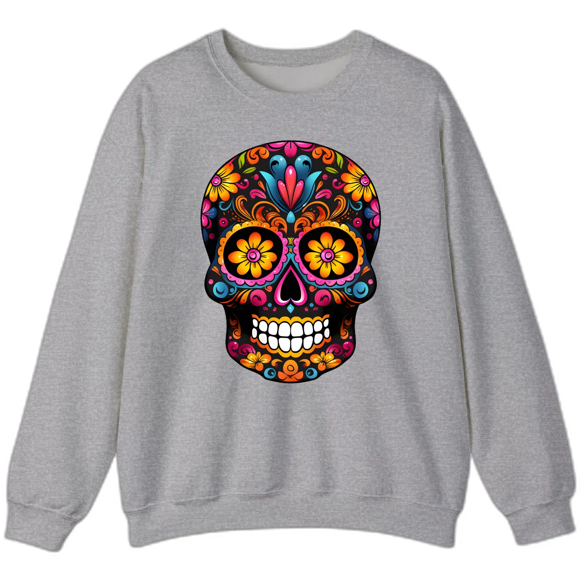 Vibrant Floral Calavera Sugar Skull Sweatshirt in Sport Grey