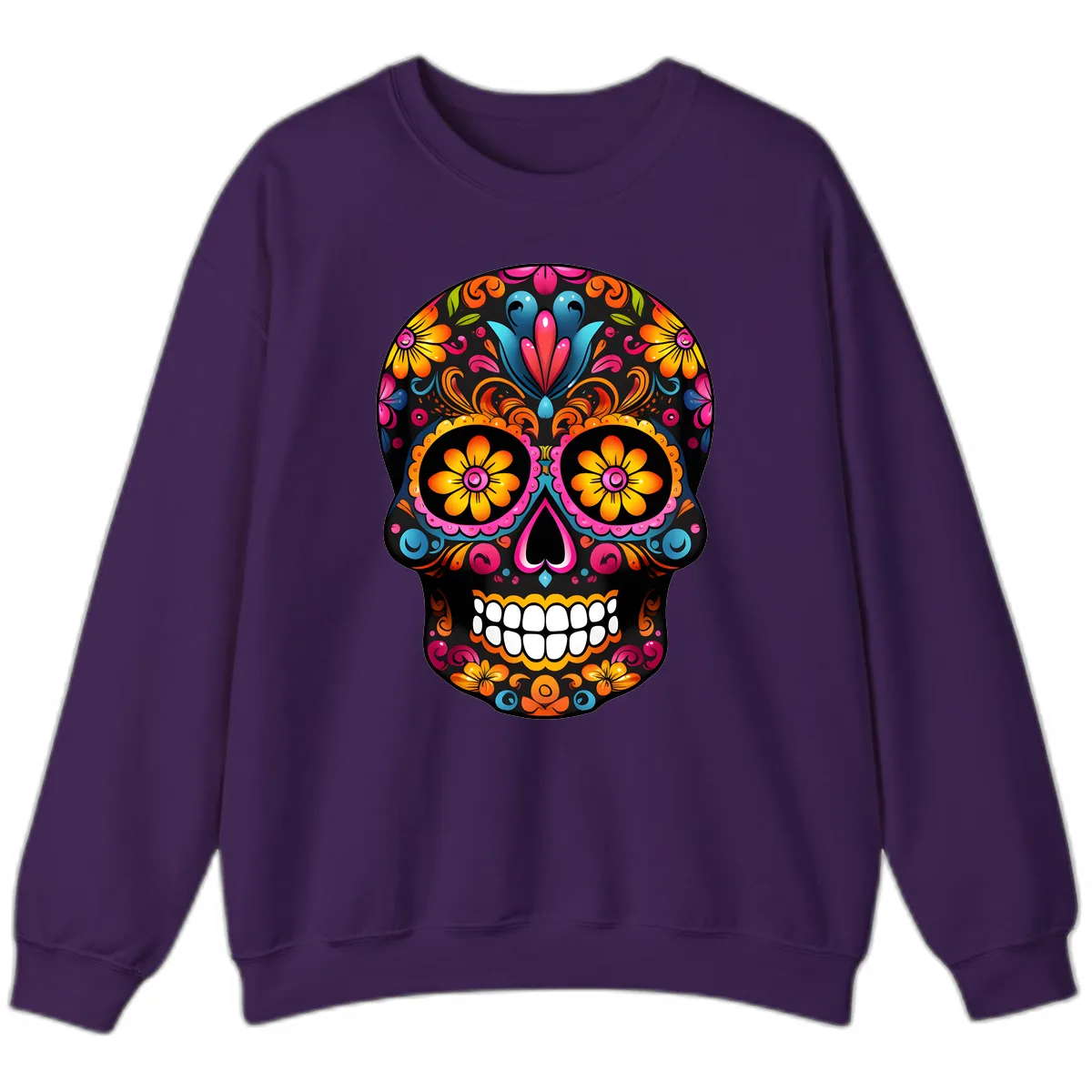 Vibrant Floral Calavera Sugar Skull Sweatshirt in Purple